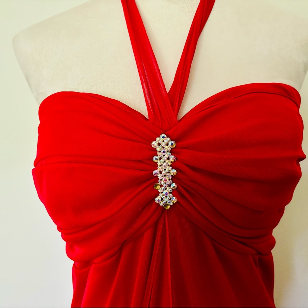 Vintage Y2K Cherry Red Maxi Halter Dress with Rhinestone Accents, Formal Gown